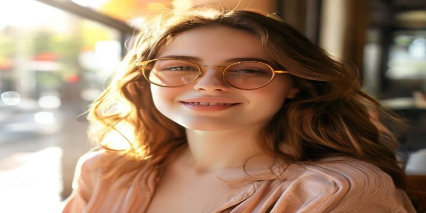 时尚眼镜妹在明亮咖啡馆中自信微笑，复古棕色圆框眼镜搭配暖橙系穿搭，阳光透过落地窗洒在脸上，知性与活力并存