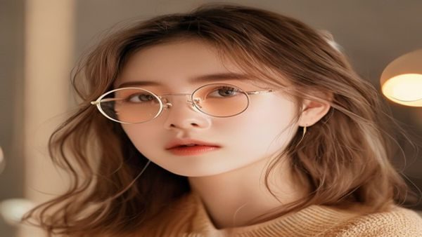 眼镜妹日常清透底妆教程，暖橙系妆容搭配复古细框眼镜，自然无瑕肌感在柔和灯光下呈现知性美感