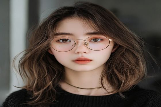 眼镜妹日系风格造型案例，长脸读者从细长框换为宽复古框后的对比，脸型比例更协调，日系少女感十足