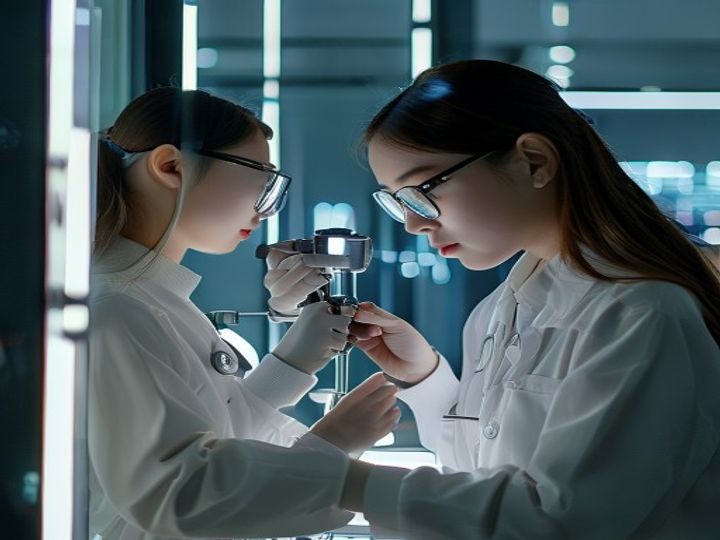 眼镜妹视光专业验光室内景，验光师正在使用精密仪器为顾客进行视力检测，环境整洁明亮，体现专业严谨的配镜服务理念